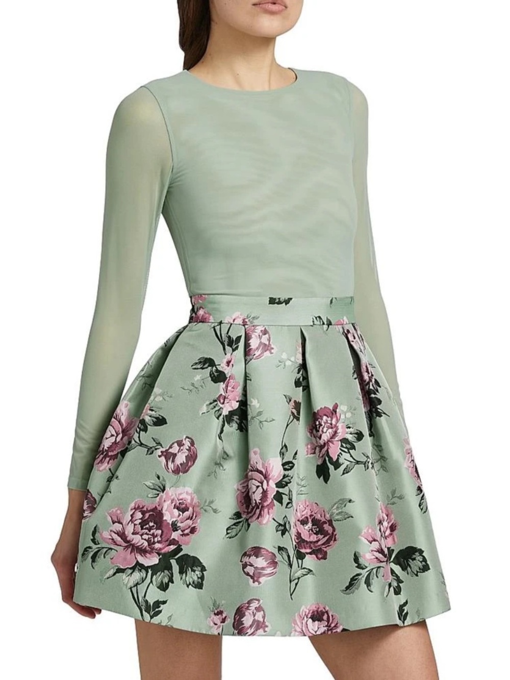 NWT Alice + Olivia Chara Sage Pleated Skirt Dress with Pink Floral Print.
